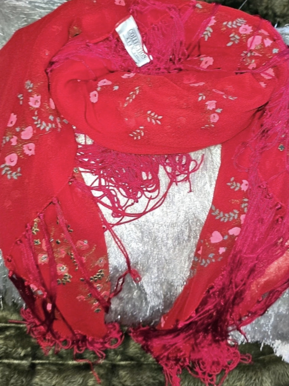 Collection XIIX FloralScarf FringeScarf RedChiffon BohoWrap Cottagecore...